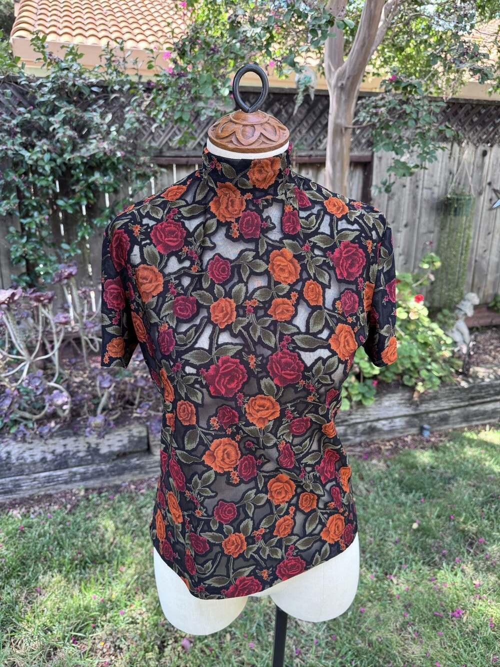 Susan Lawrence Sheer Tapestry Floral Rose High Neck Short Sleeve Top Black M